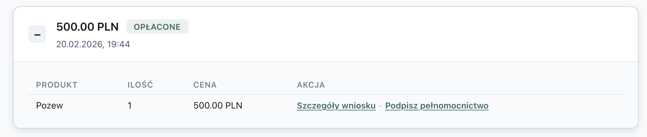Zrzut ekranu: rozwinięte zamówienie z opcją Podpisz pełnomocnictwo
