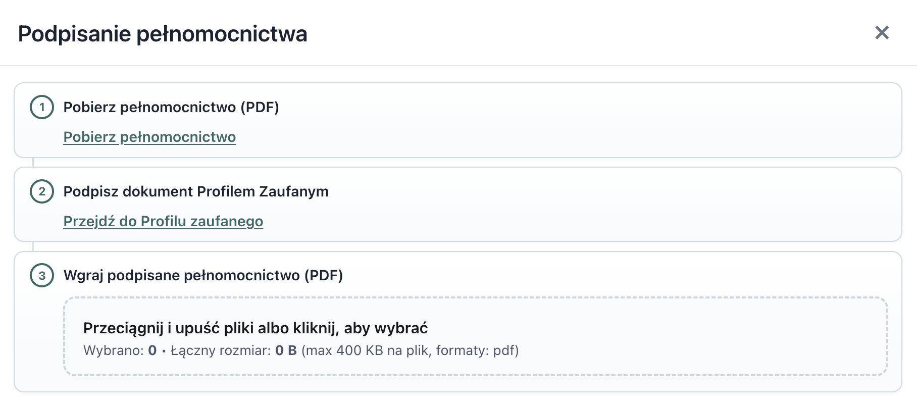 Widok podpisywania pełnomocnictwa – kroki w Panelu Klienta